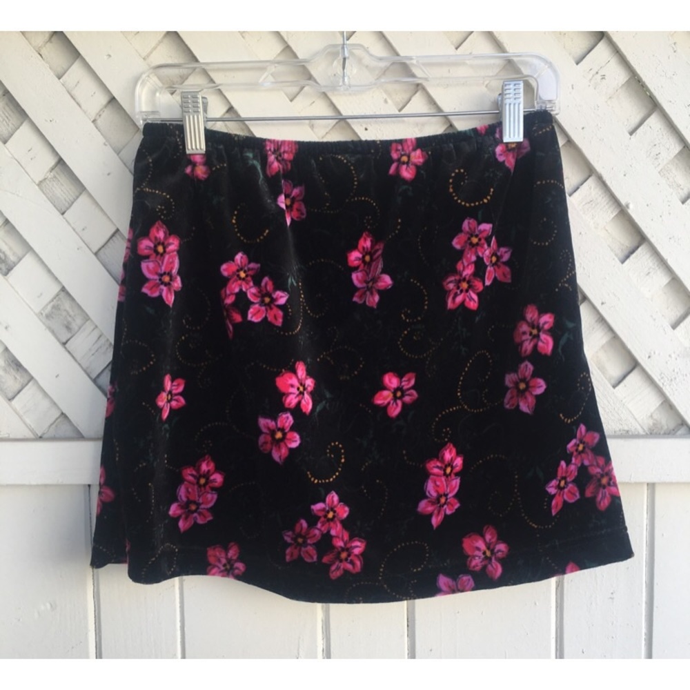 Velvet Mini Skirt w/ pink floral design